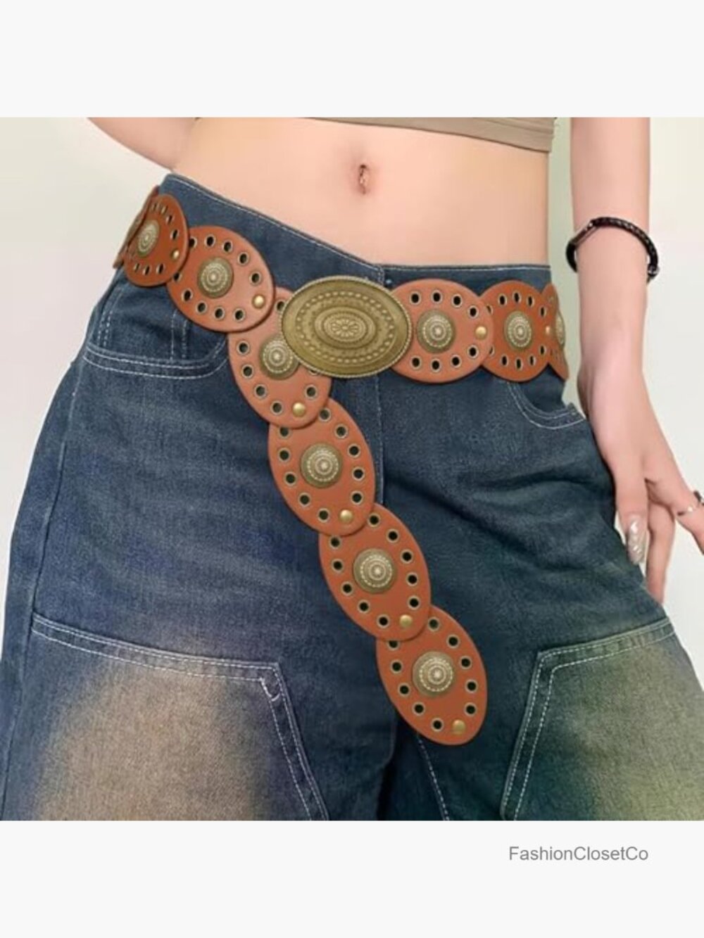 Women Disc Concho PU Leather Vintage Western Cowgirl Belt - Picture 5 of 7